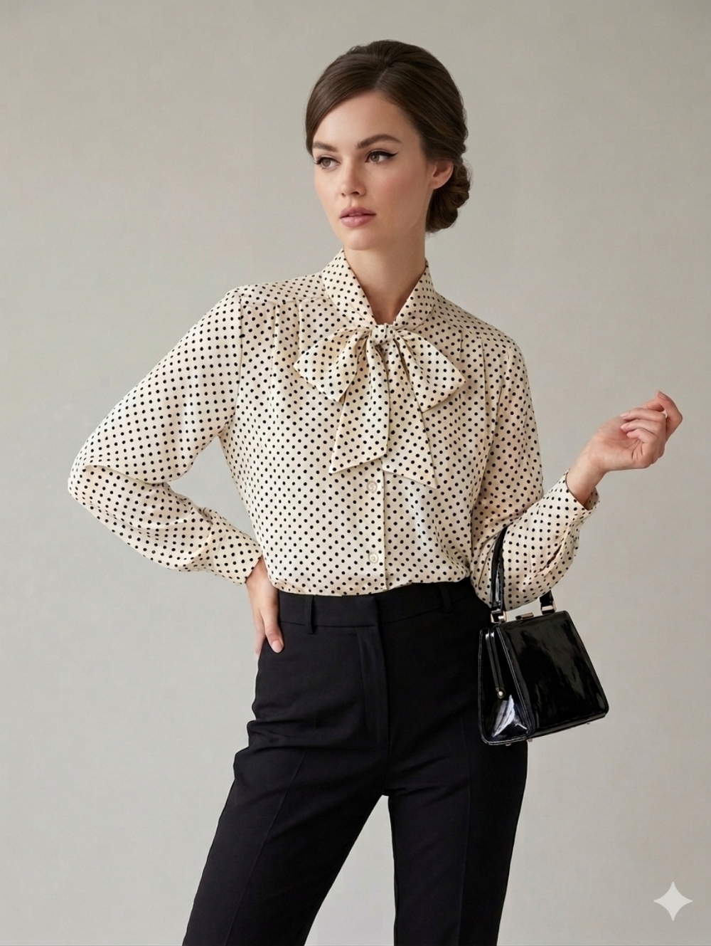 Polka Dot Neck Bow Tie Long Sleeve Blouse Retro Inspired 50s 60s